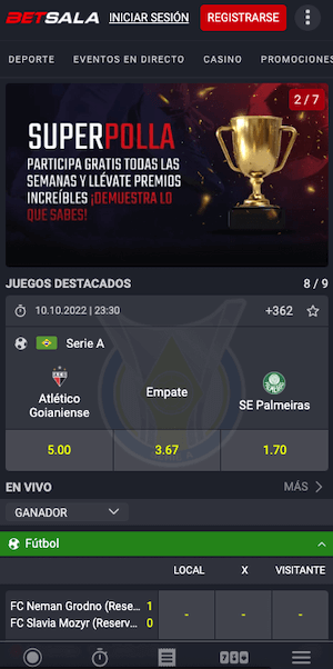 Reseña Betsala Apuestas - Pantalla móvil de Betsala deportes