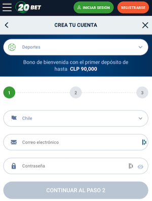 Bono 20Bet - Pantalla de registro en 20Bet Chile