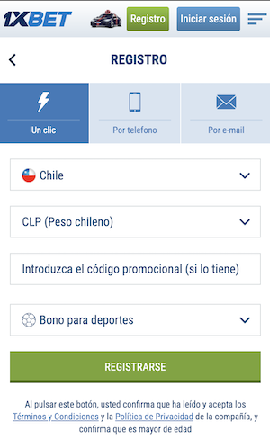 1xbet Chile - Pantalla de registro 1 clíc