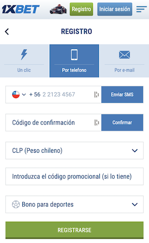 Bono 1xbet - Pantalla de registro móvil 1xbet