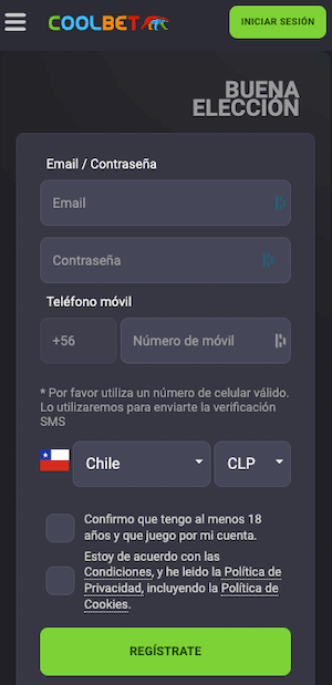 Coolbet App - Pantalla de registro