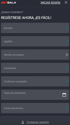 Betsala App - Menú de Registro