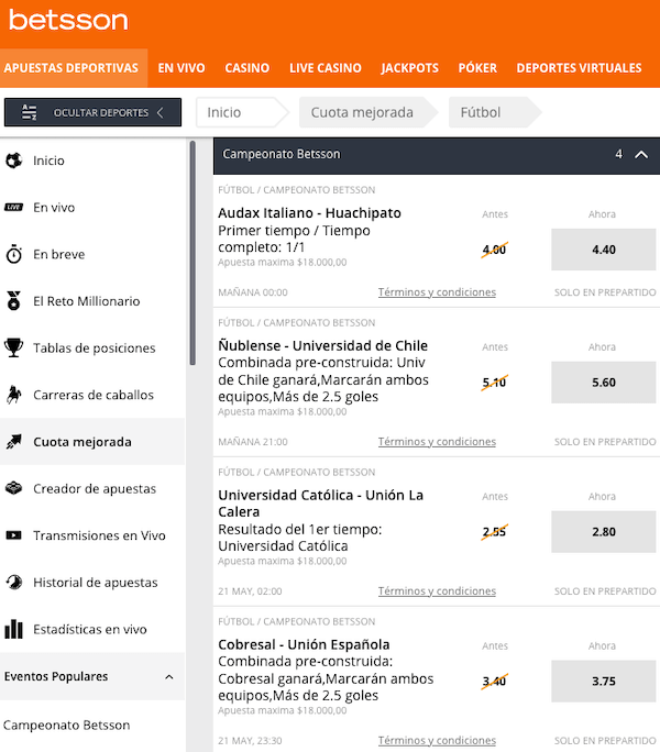 Cuotas mejoradas Betsson 20,21 y 22 de mayo de 2023