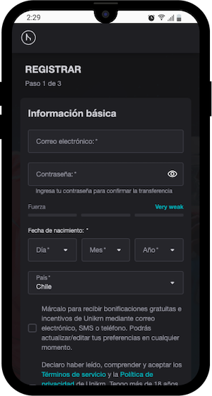 Unikrn Bonus - Pantalla móvil de registro