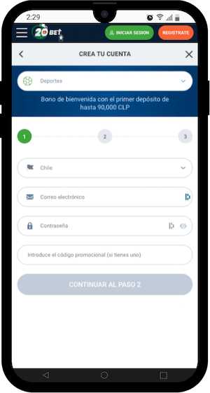 20 Bet App - Pantalla de apertura de cuenta