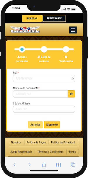 CasinonenChile - Pantalla de registro