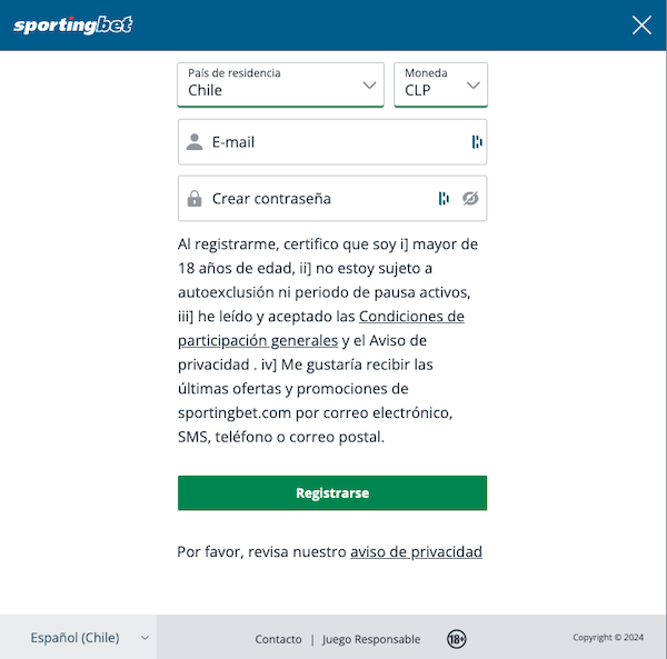 Sportingbet Chile - pantalla de registro