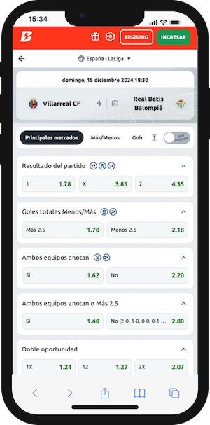Pronóstico con cuotas Betano para el Villarreal vs Betis - 15-12-2024