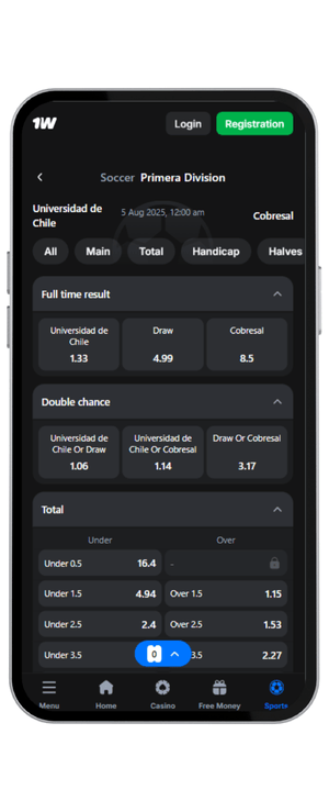 Cuotas del Universidad de Chile vs cobresal en 1win Fecha18 del 2025