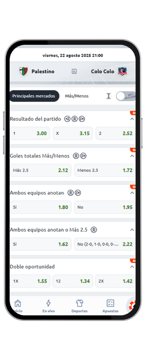 cuotas del Palestino vs Colo‑Colo de la Fecha 21 del 2025 en Betano