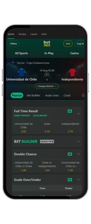 Cuotas Universidad de Chile vs Independiente de Copa Sudamericana en Bet365 Octavos del 14-08-2025