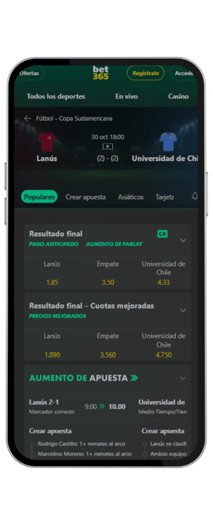 Cuotas para el Lanus vs Universidad de Chile de la semifinal de la copa sudamericana 2025 en bet365