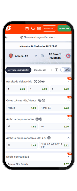 cuotas para el Arsenal vs Bayern Munchen de la fecha 4 de la Champions League en Betano