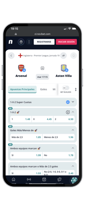 cuotas Arsenal vs Aston Villa fecha 18 Premier League en Novibet