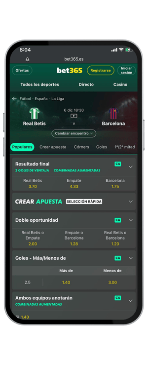cuptas Real Betis vs FC Barcelona fecha 15 de LaLiga en Bet365