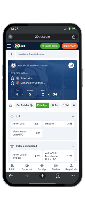 cuotas Aston Villa vs Man United fecha 17 Premier League en 20bet